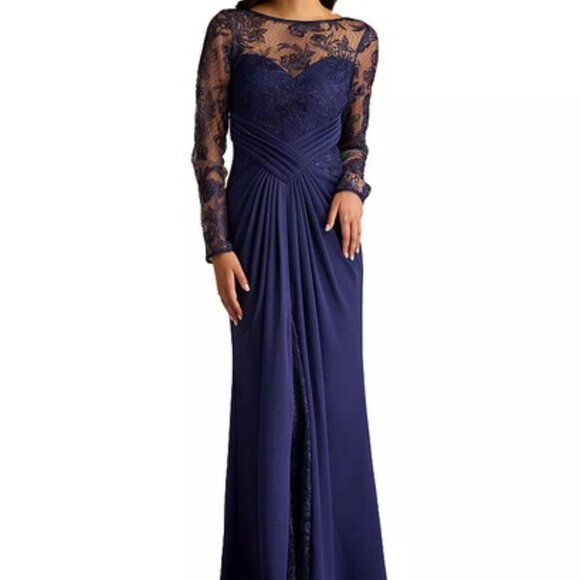 Tadashi Shoji Notte Blue Floral Embroidery Long Sleeve Gown